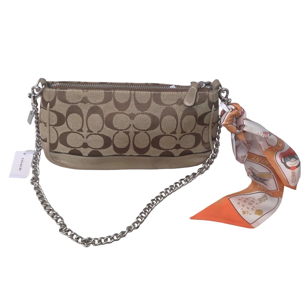 Coach Signature Canvas Baguette Gold Leather Chain Strap Bag 1861 Khaki Brown